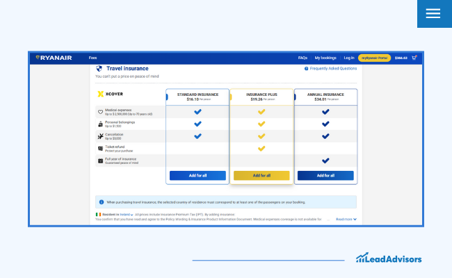 Screenshot of Ryanair's travel insurance page featuring multiple insurance options in a comparison chart format, demonstrating poor UX design with a confusing layout and unclear navigation, leading to user frustration.