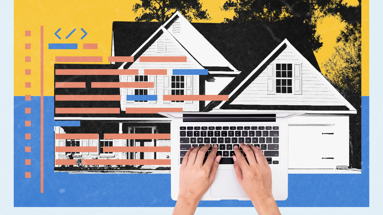 Hands typing on a laptop in front of a house with overlaid code and search elements, representing real estate SEO services designed to increase online visibility and rank #1 on Google