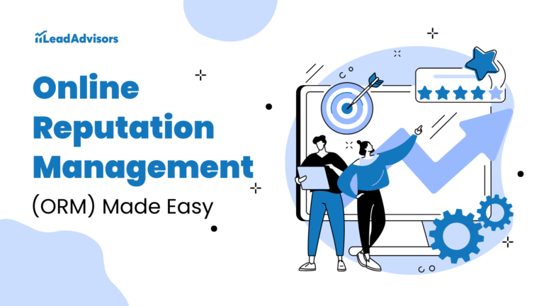 Illustration featuring two individuals analyzing online reputation management strategies, with a target, upward arrow, and five-star rating icons in the background