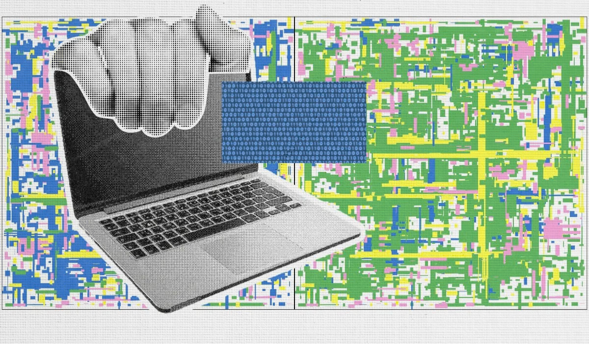 A stylized, artistic illustration of a hand closing a laptop against a background of colorful, pixelated digital data.