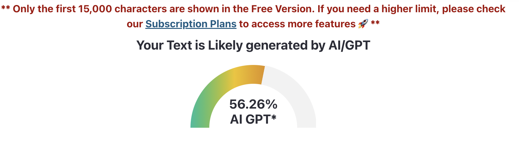 A screenshot of a detection tool showing a 56.26% probability that the analyzed text was likely generated by AI or GPT.