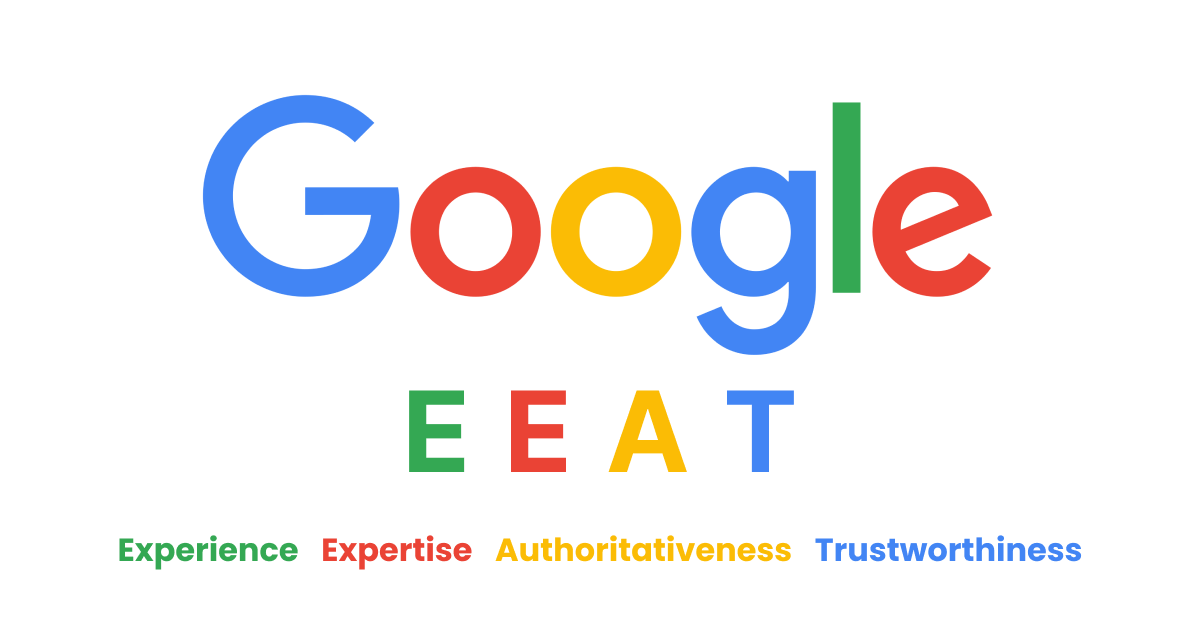 The Google logo displayed above the acronym E-E-A-T, which stands for Experience, Expertise, Authoritativeness, and Trustworthiness.