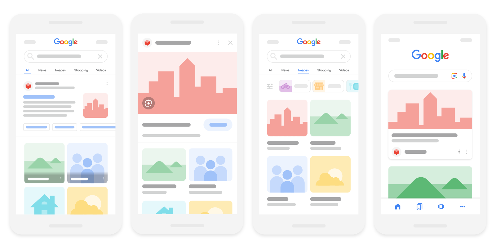 Four mobile screens displaying various Google Search layouts, including image grids, knowledge panels, and tabbed navigation.