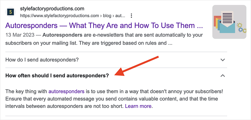 A screenshot of a search result for autoresponders with a red arrow highlighting an expanded "People Also Ask" answer.