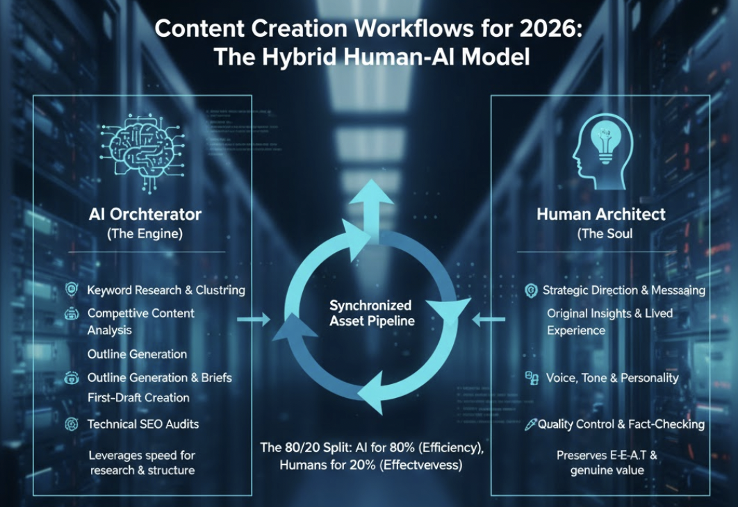 A diagram illustrating a workflow where AI handles 80% of research and humans provide the final 20% of "soul" and experience.