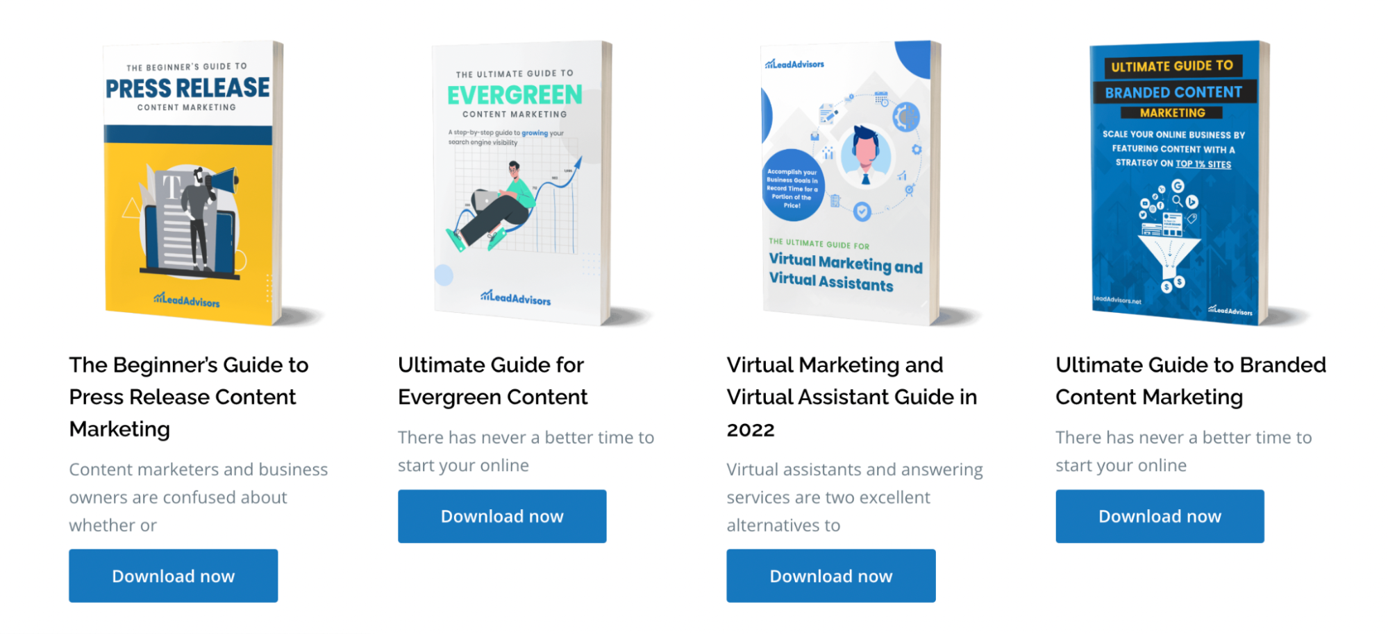 Four e-book covers from LeadAdvisors covering press releases, evergreen content, virtual assistants, and branded content marketing.