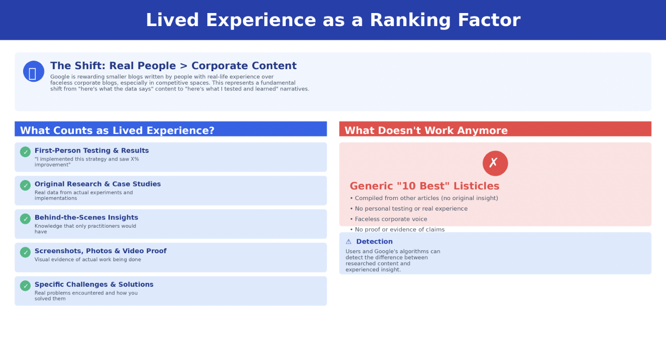 A chart detailing how first-person results and original research are replacing generic listicles in search rankings.