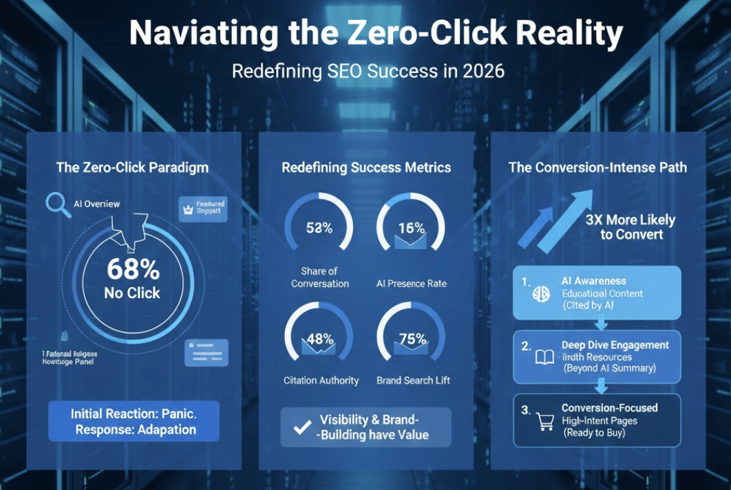 An infographic showing a 68% zero-click rate and a conversion path focused on AI awareness and deep-dive engagement.