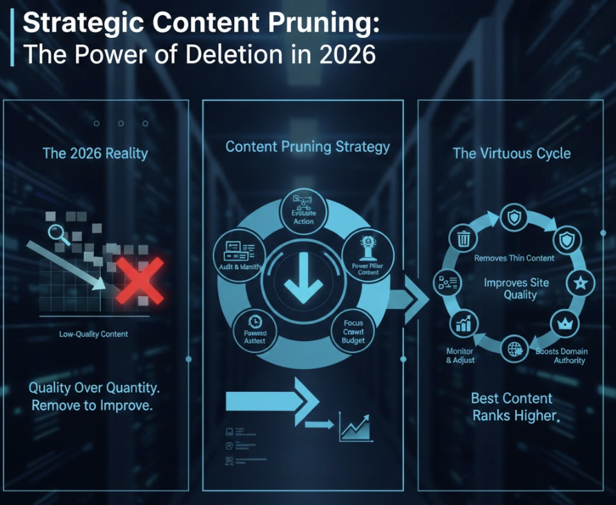 An infographic explaining how removing low-quality content improves crawl budget and boosts overall domain authority.