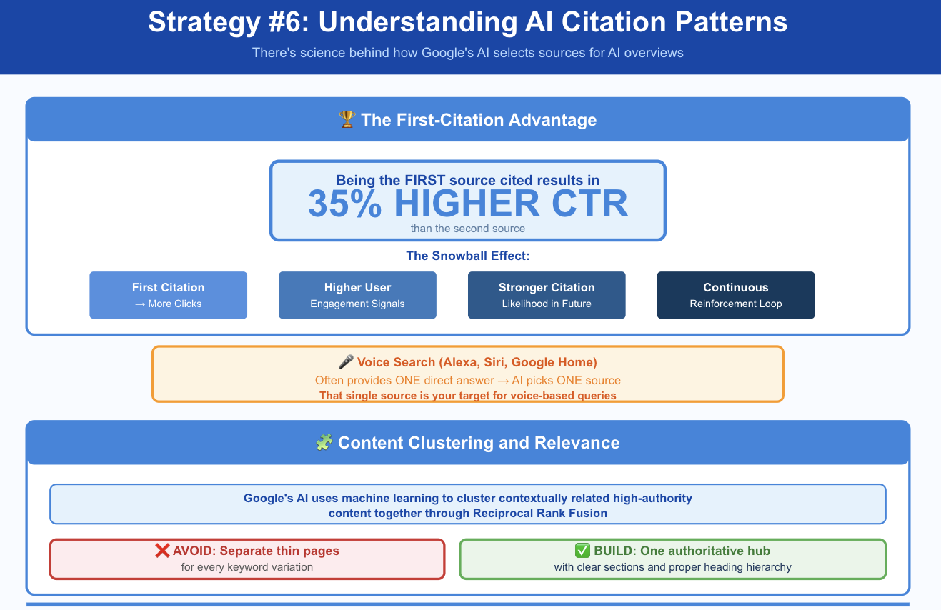 An infographic explaining that the first source cited in AI overviews receives a 35% higher click-through rate.