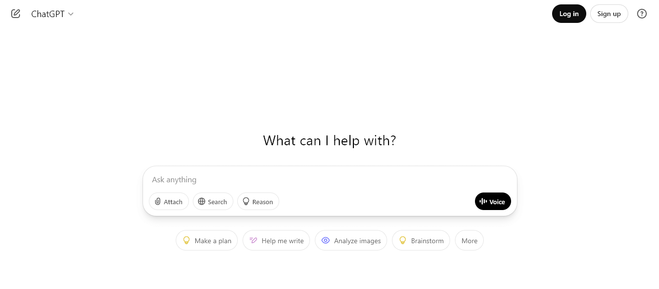 A minimalist screenshot of the ChatGPT interface featuring a central search bar and quick-action buttons.