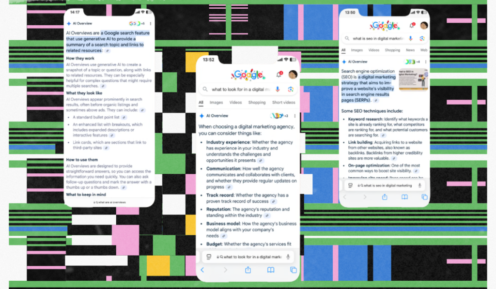 A collage showing three different mobile phone screens displaying Google AI Overviews for digital marketing queries.