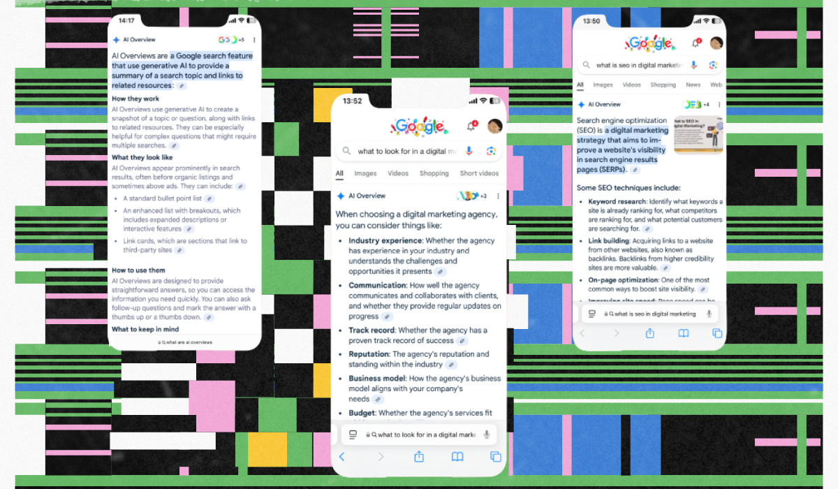 A collage showing three different mobile phone screens displaying Google AI Overviews for digital marketing queries.