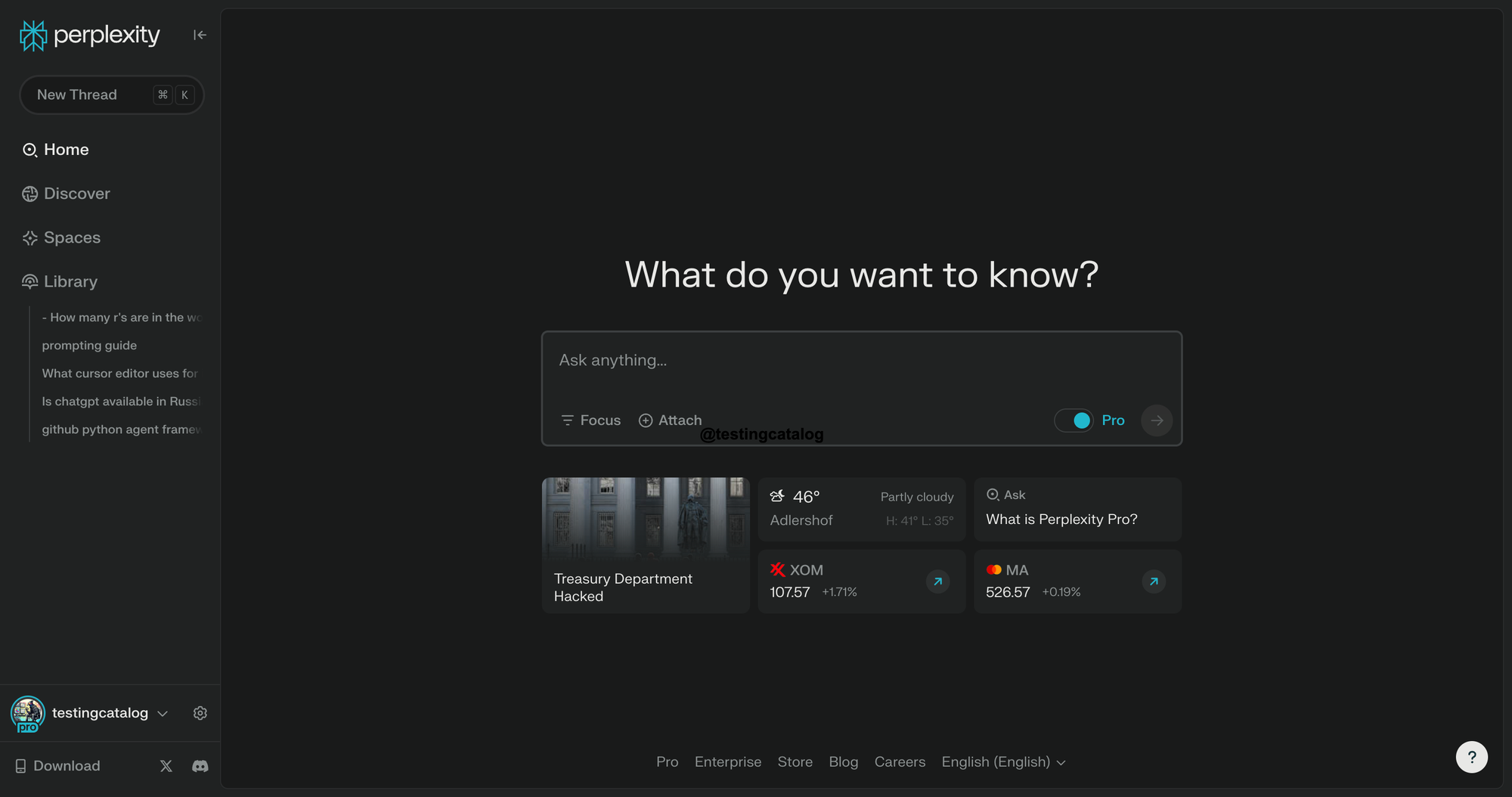 A screenshot of the dark-themed Perplexity AI home screen featuring a central question bar and trending news cards.