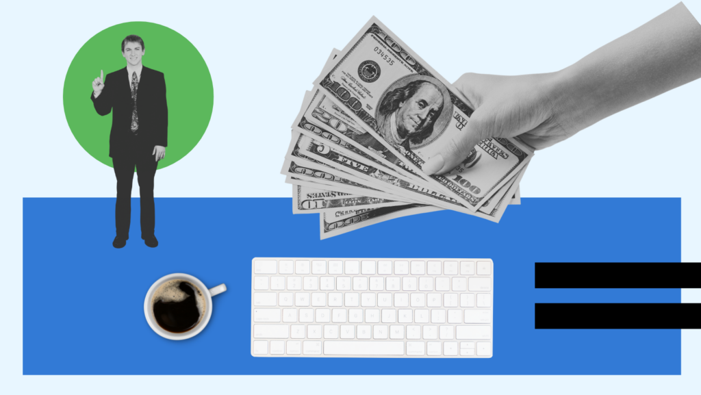 Creative collage showing a hand offering cash, a coffee cup, and a businessman—symbolizing lead generation and conversions through SEO in the finance industry.