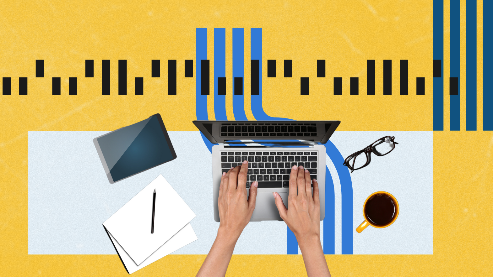 Top-down view of a person typing on a laptop surrounded by a digital tablet, notepad with pencil, eyeglasses, and coffee mug on a creative workspace with abstract data flow graphics and bar chart elements on a yellow background