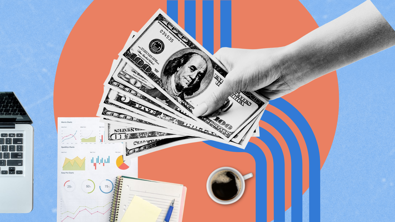 Hand holding US dollar bills over financial charts, laptop, and coffee cup, representing financial services SEO strategy to increase Google search rankings and drive revenue growth