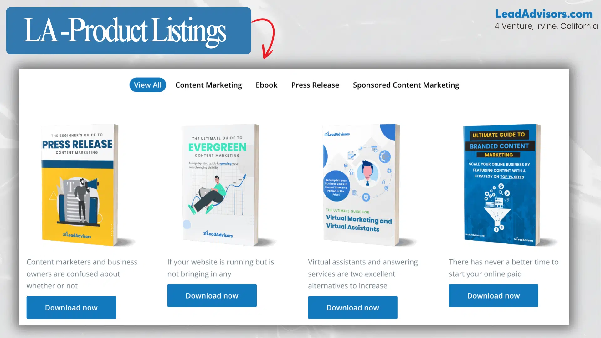 Product listings showcase various digital marketing resources, including ebooks and press release guides.