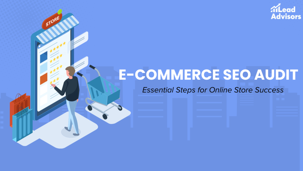 Google Docs draft of an "Ecommerce SEO Audit" blog with a featured image showing a digital storefront and an introduction explaining the importance of SEO audits.