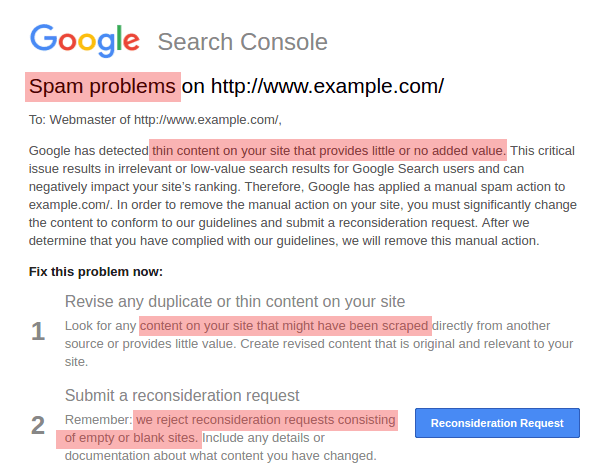 Screenshot of a Google Search Console notification highlighting spam issues related to thin content and low-value pages, emphasizing the importance of maintaining quality in programmatic SEO.