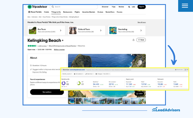 Screenshot demonstrating TripAdvisor’s use of programmatic SEO through detailed destination pages optimized for search engines, highlighting their ability to dominate long-tail travel-related searches.