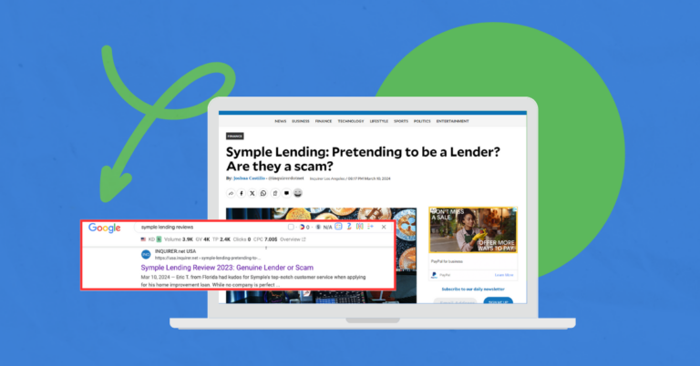 A digital illustration of a laptop displaying a search engine results page for "Symple Lending," highlighting the importance of ranking on Google's first page for financial services SEO.