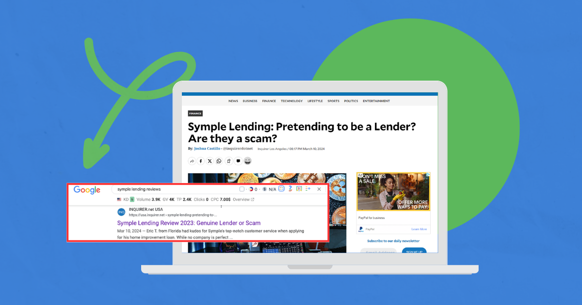A digital illustration of a laptop displaying a search engine results page for "Symple Lending," highlighting the importance of ranking on Google's first page for financial services SEO.