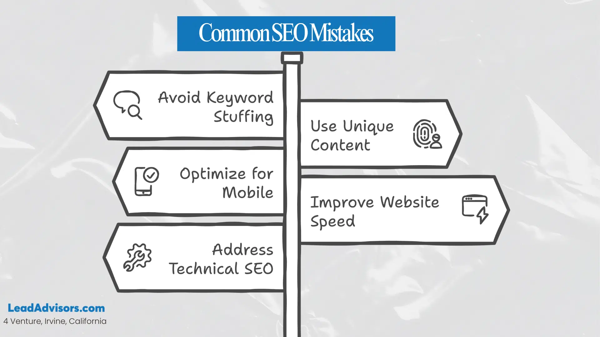 Common SEO mistakes chart highlighting keyword stuffing, mobile optimization, technical SEO, unique content, and website speed.