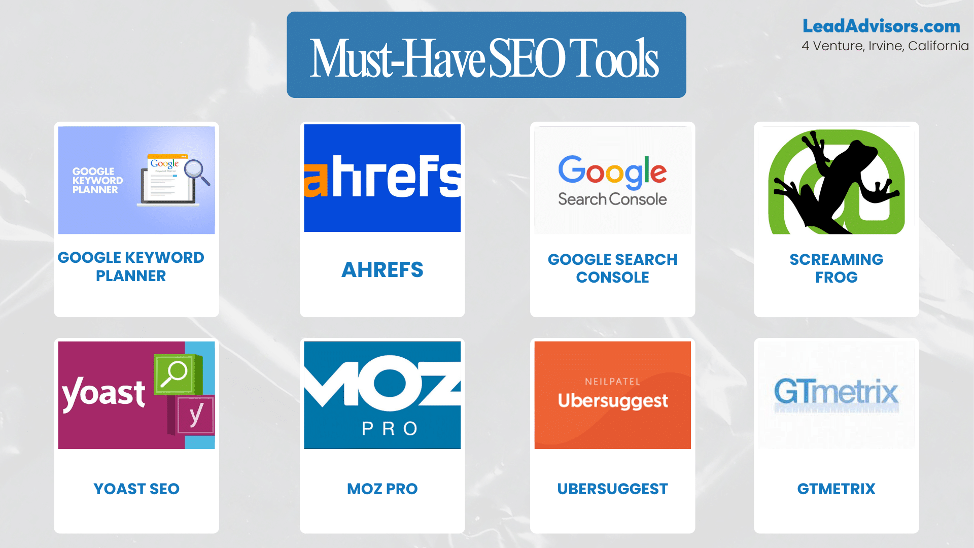 List of must-have SEO tools, including Google Keyword Planner, Ahrefs, Google Search Console, Screaming Frog, Yoast SEO, Moz Pro, Ubersuggest, and GTmetrix