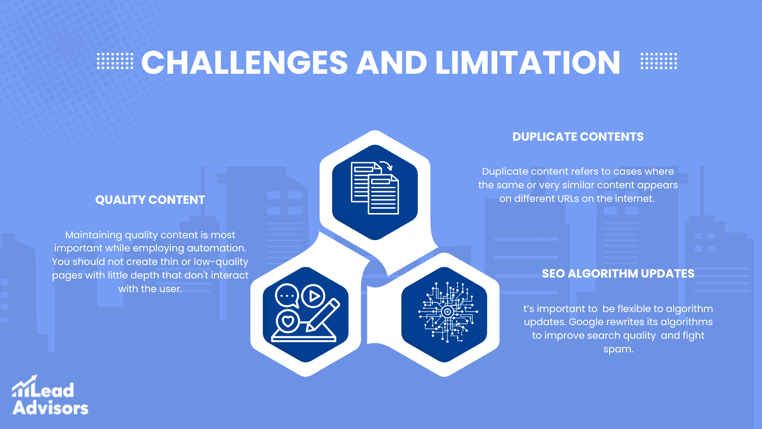 Infographic highlighting the key challenges and limitations of programmatic SEO, including quality content, duplicate content issues, and the need to adapt to SEO algorithm updates.