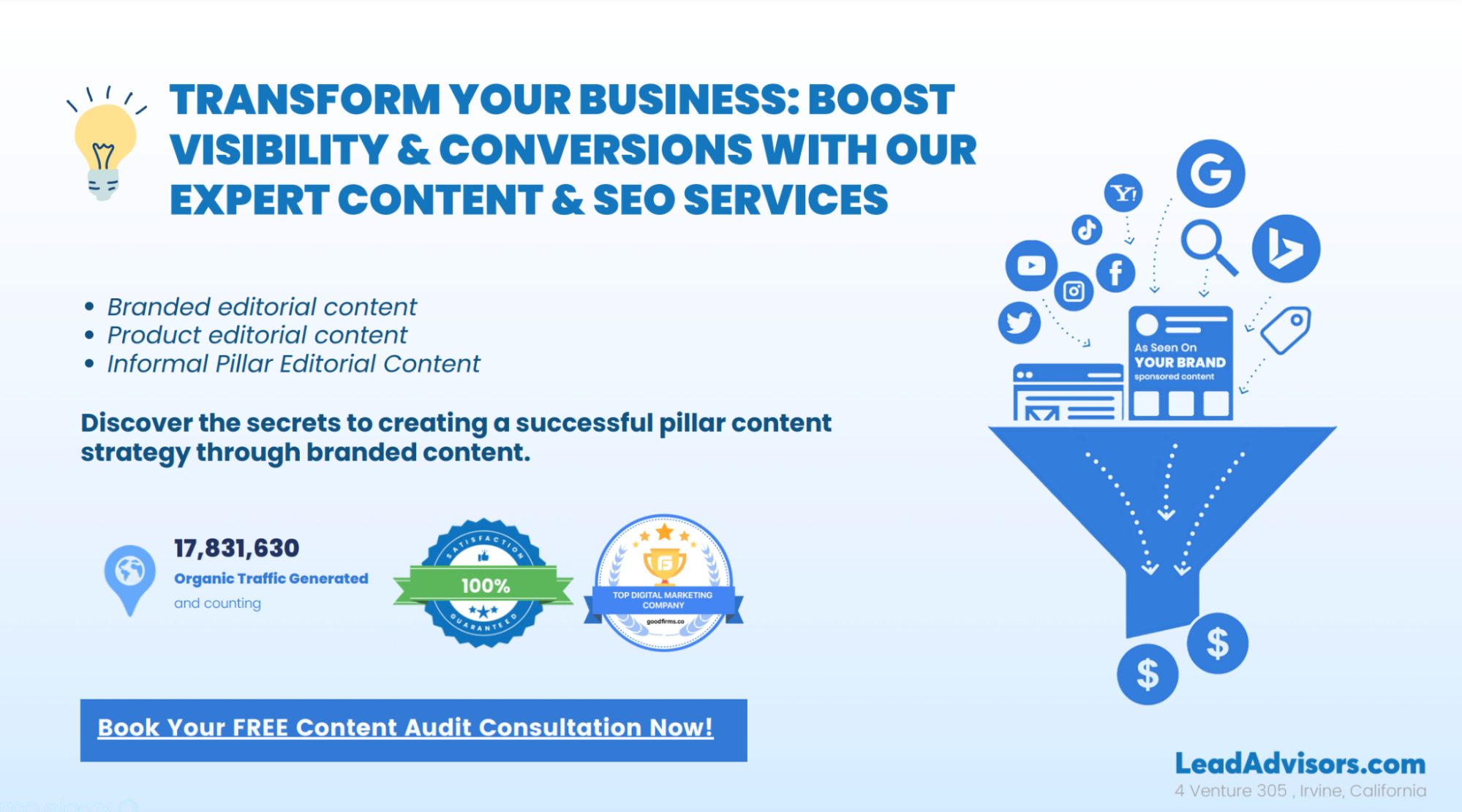 A screenshot of a Google Docs document featuring an infographic promoting expert content and SEO services, with a funnel graphic symbolizing increased visibility and conversions.