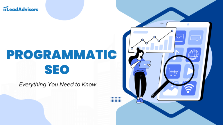 Illustration depicting programmatic SEO with a person analyzing digital charts and e-commerce data using a magnifying glass, symbolizing optimization and detailed analysis.