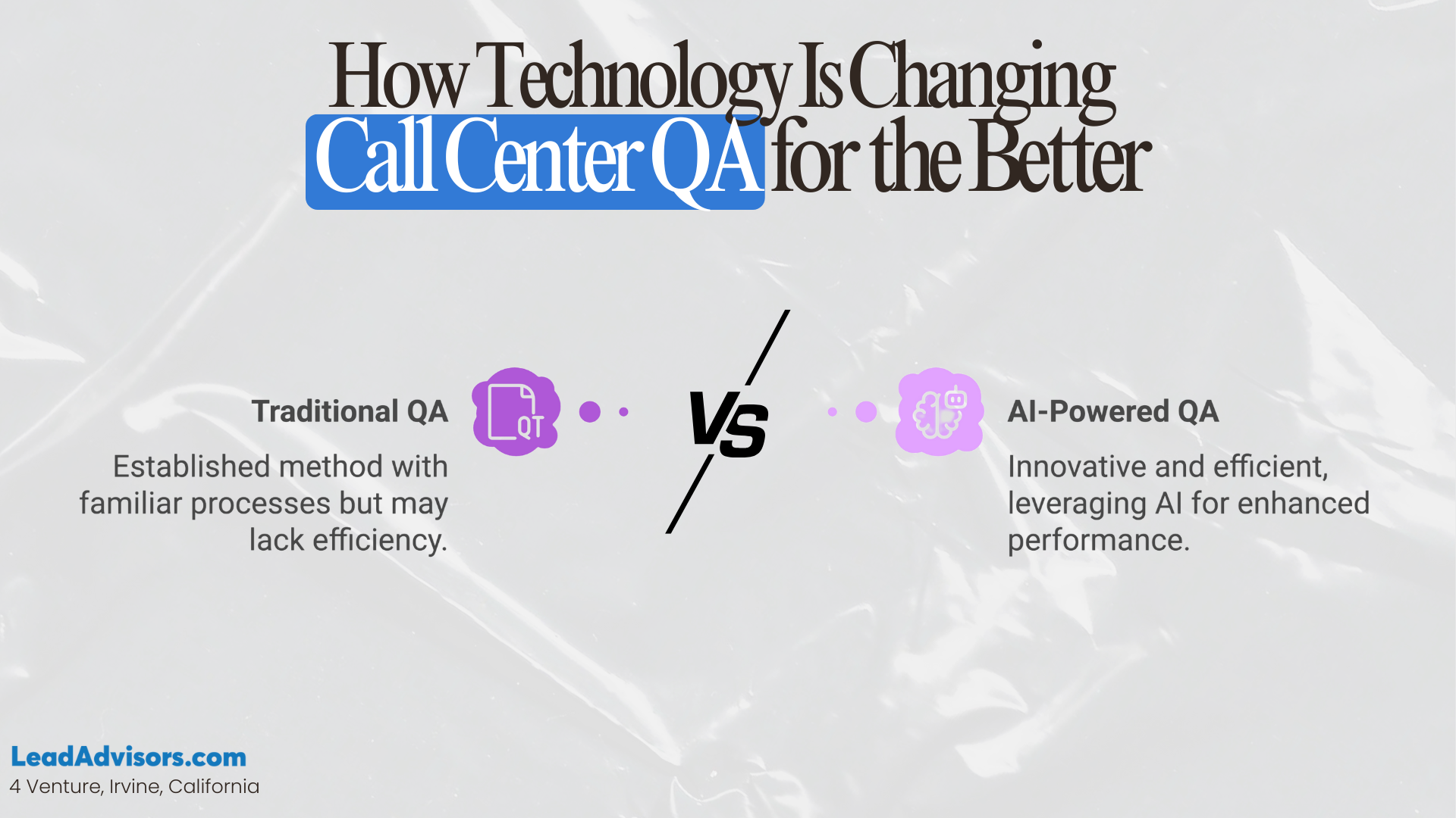 A comparison infographic showing how AI-powered QA improves efficiency over traditional call center QA, highlighting automation and performance benefits.