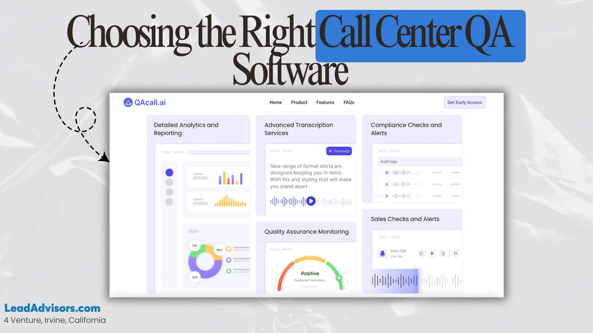 QAcall AI dashboard showcasing advanced analytics, transcription services, compliance checks, and real-time quality assurance monitoring for call centers.