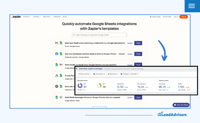 Screenshot example highlighting Zapier’s use of programmatic SEO with detailed integration landing pages optimized to rank well for specific automation queries.