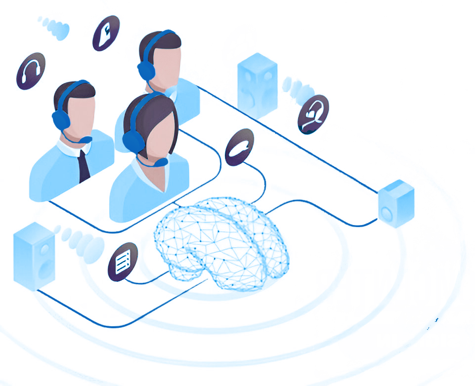 Illustration of a modern contact center powered by AI technology, featuring agents, data dashboards, and tools for improving customer service efficiency.