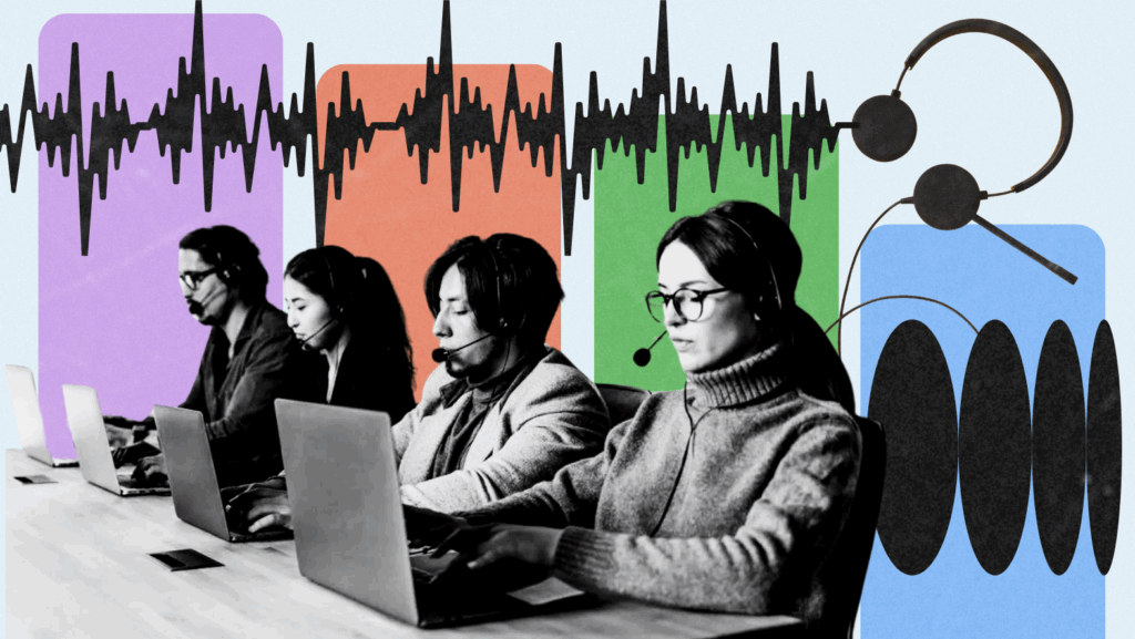 Collage of call center agents working on laptops with headsets, colorful soundwave graphics in the background, and a headset illustration symbolizing communication and customer service