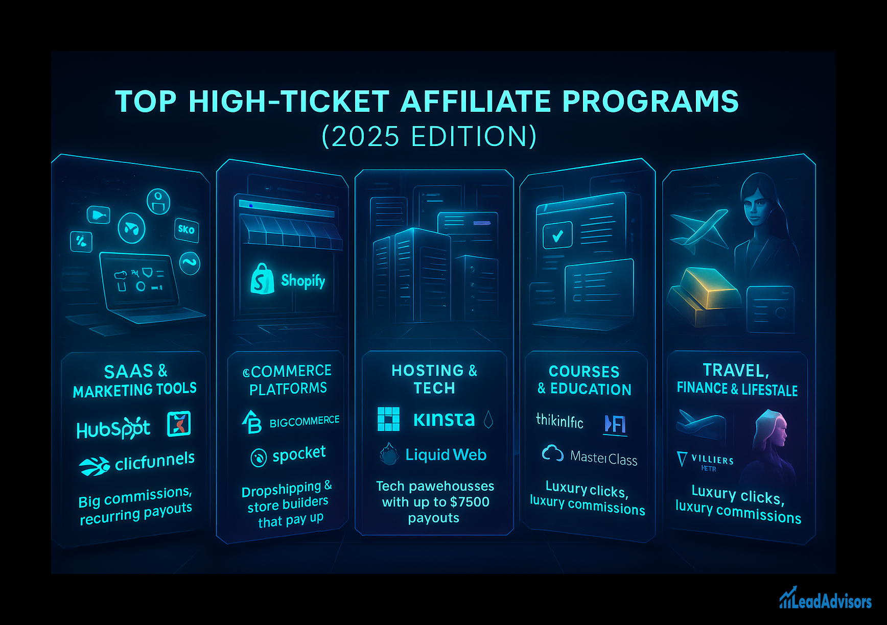 Futuristic infographic titled “Top High-Ticket Affiliate Programs (2025 Edition)” showcasing five major categories of high-ticket affiliate opportunities.