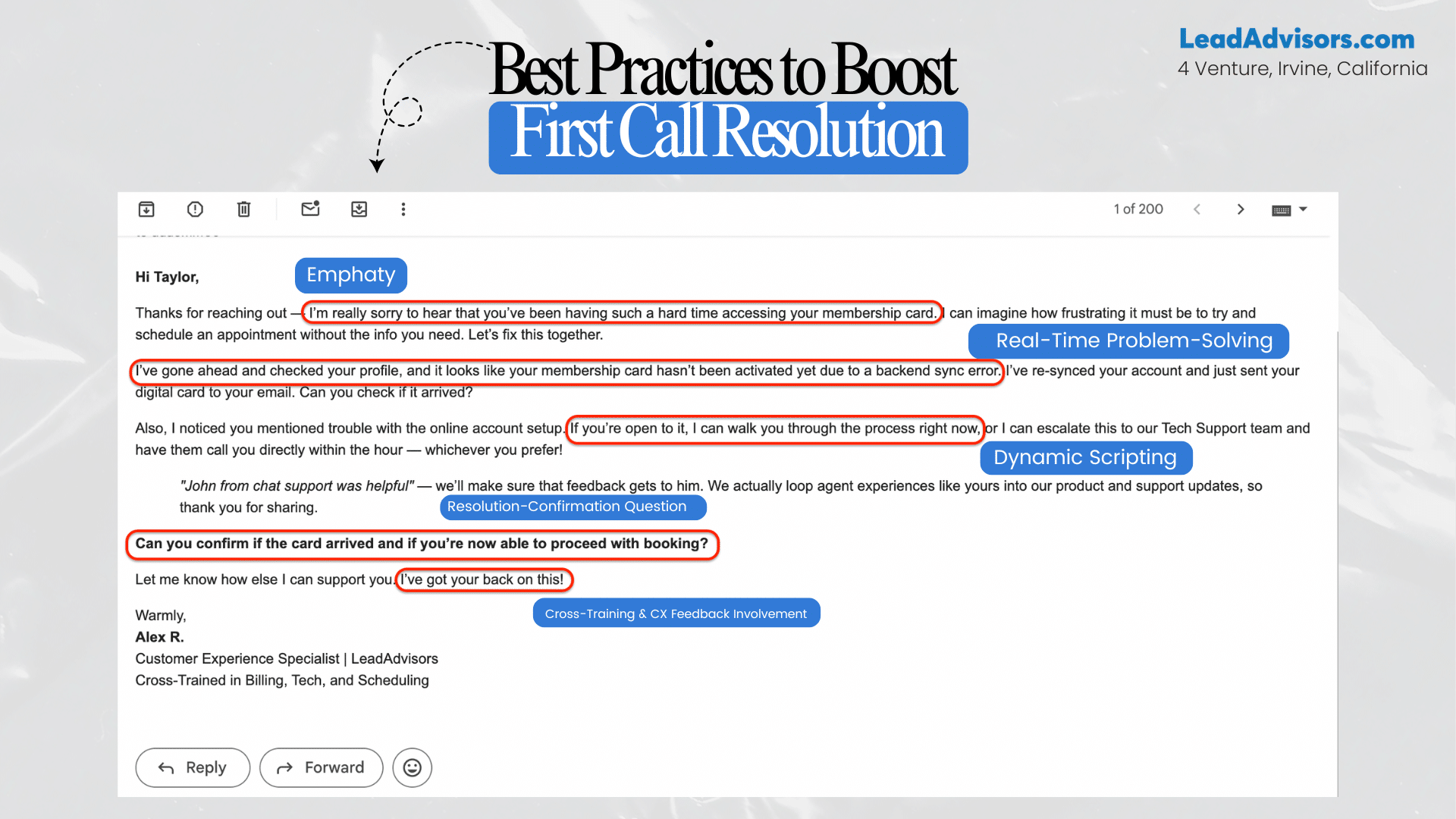 Email example showing best practices to boost first call resolution, including empathy, problem-solving, and dynamic scripting.