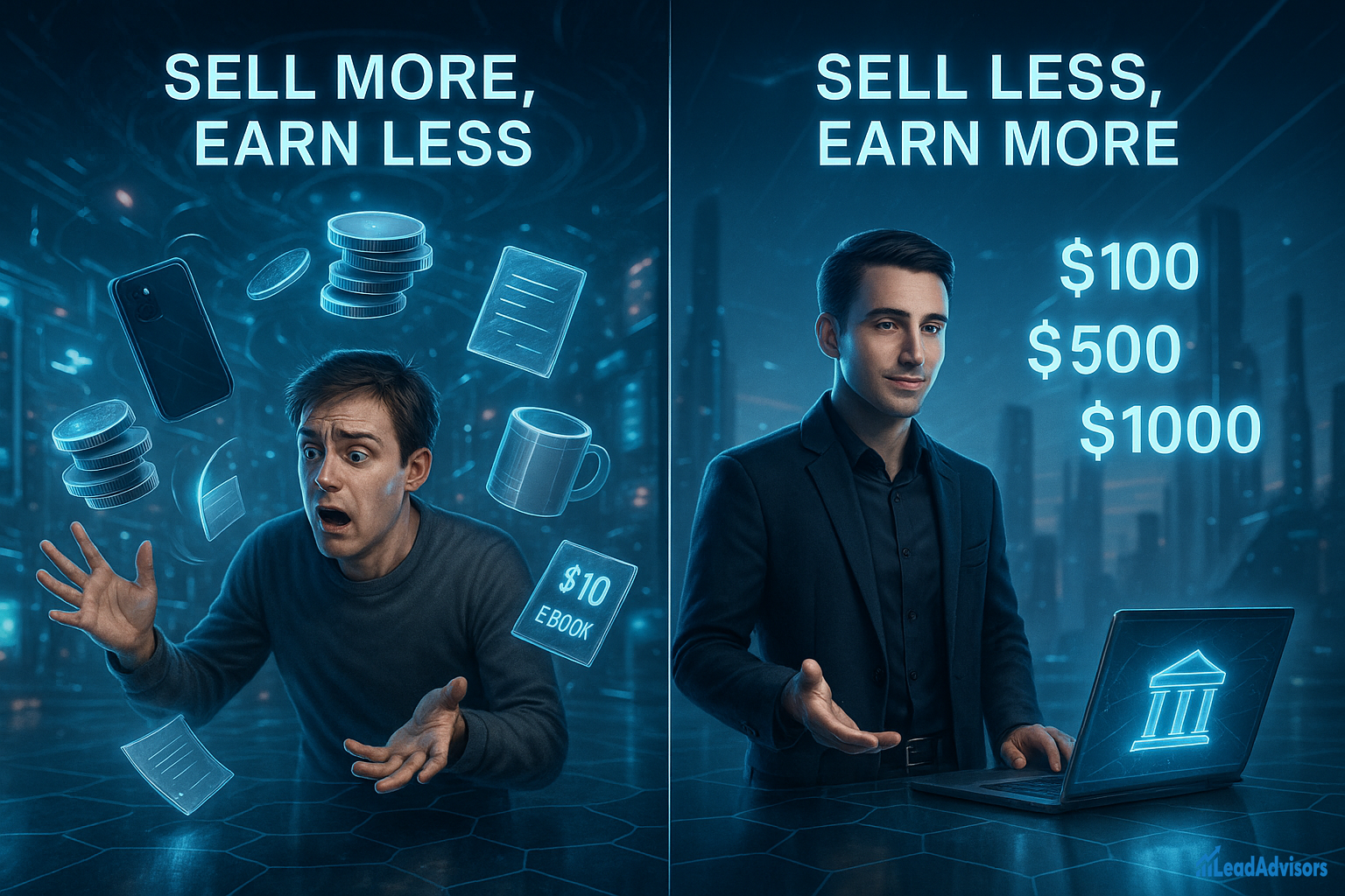 A side-by-side comparison of two men in a futuristic digital setting. On the left, a stressed man surrounded by low-value items like coins, mugs, and a $10 ebook, under the headline “Sell More, Earn Less.” On the right, a confident man in a suit with high-ticket values ($100, $500, $1000) shown beside him under the headline “Sell Less, Earn More.” A laptop with a financial institution icon appears in front of him.