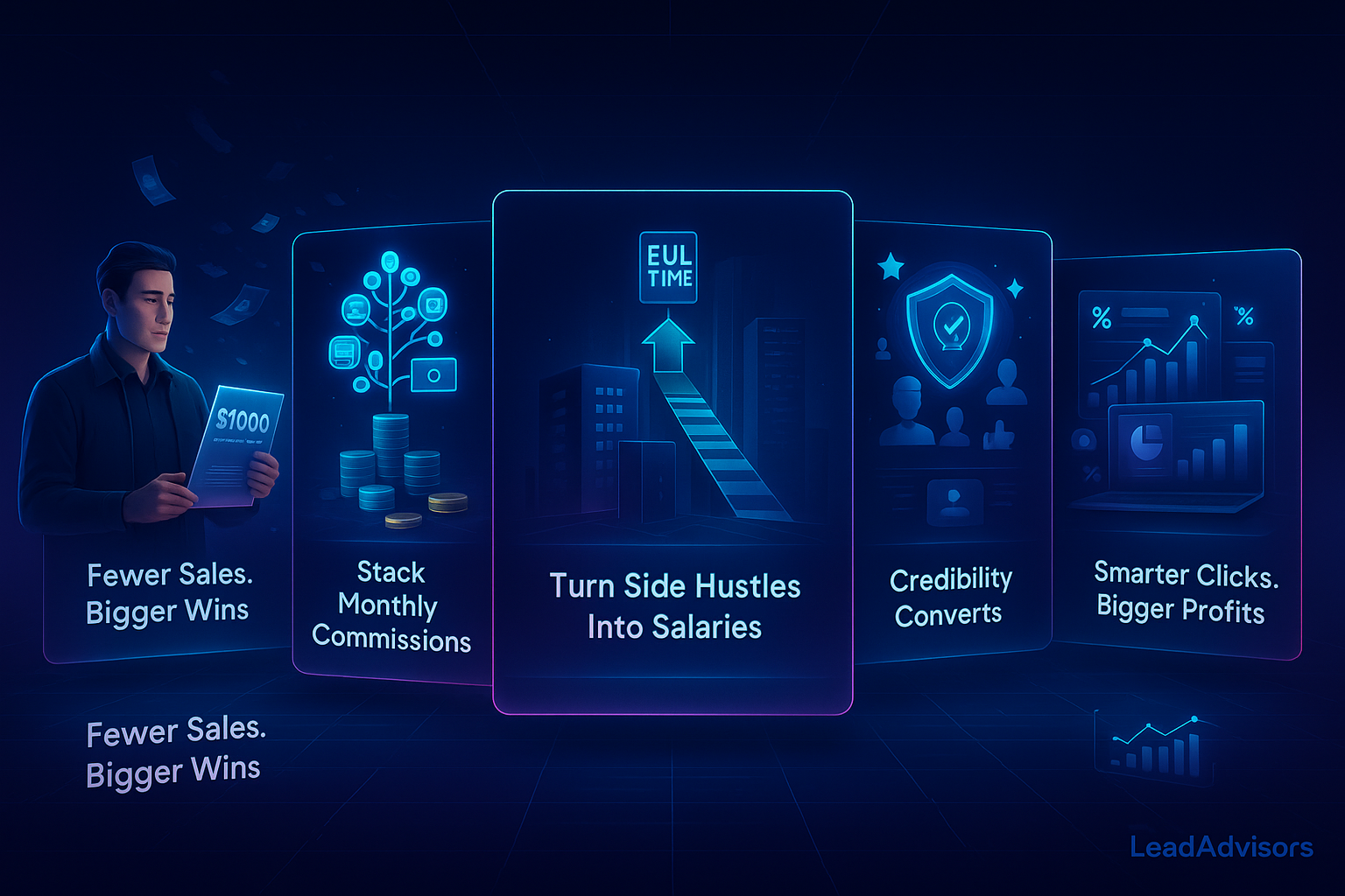 A futuristic infographic showing a professional man holding a $1000 commission check, with five glowing panels illustrating the benefits of high-ticket affiliate marketing. The panels read: “Fewer Sales. Bigger Wins,” “Stack Monthly Commissions,” “Turn Side Hustles Into Salaries,” “Credibility Converts,” and “Smarter Clicks. Bigger Profits.” Visuals include dollar bills, coin stacks, a business growth arrow, a credibility shield, and analytics dashboards. The scene emphasizes strategic success and scalable income potential in digital marketing
