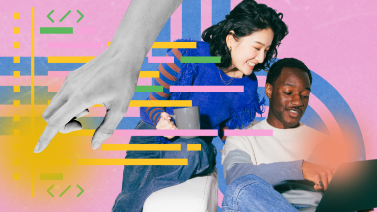 Two people collaborate while looking at a laptop, surrounded by colorful digital graphics, coding symbols, and abstract design elements.