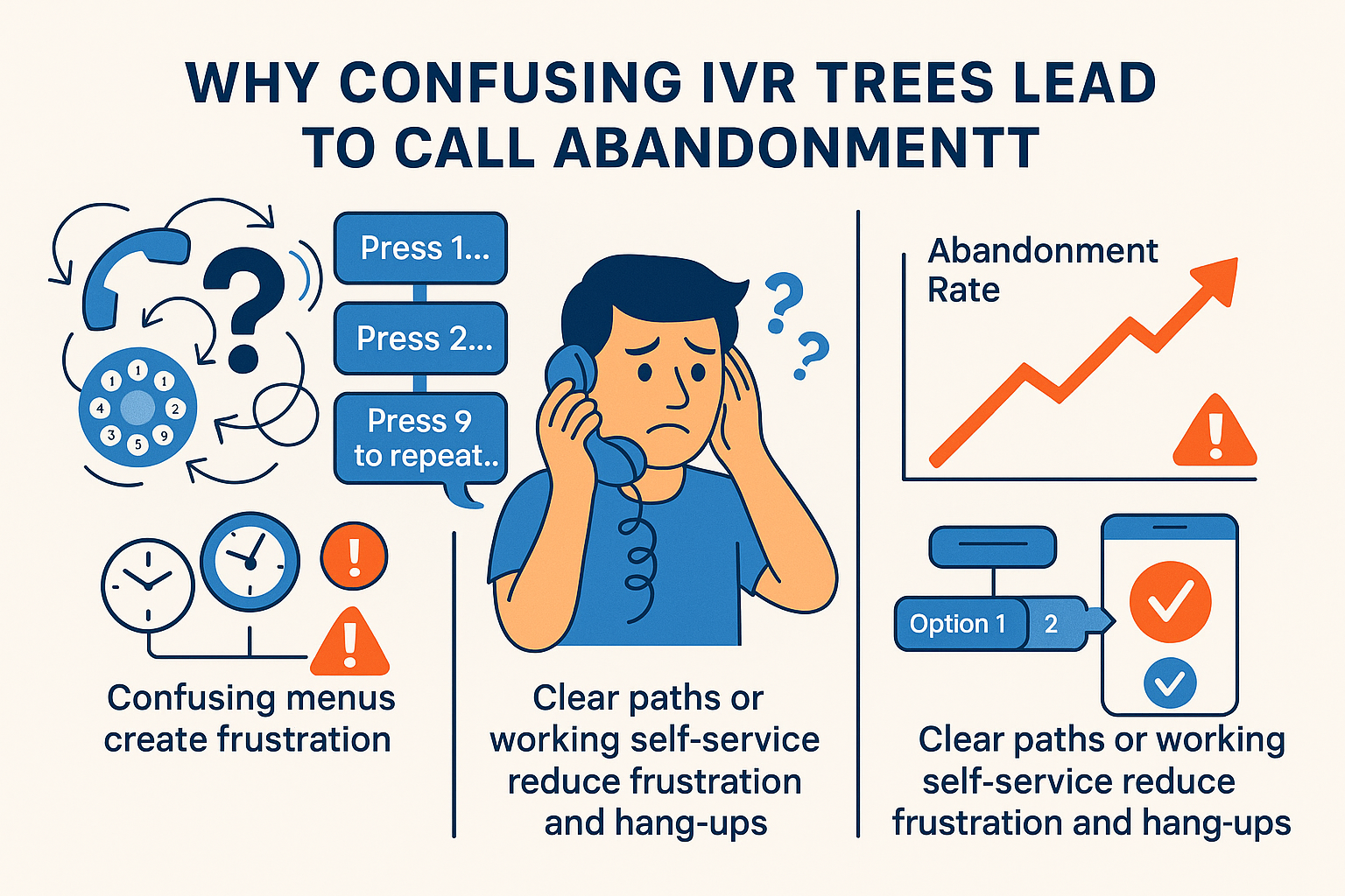 Infographic showing how confusing IVR trees lead to call abandonment, featuring a frustrated customer facing complex phone menus, a rising abandonment rate chart, and a solution emphasizing clear paths and effective self-service options.