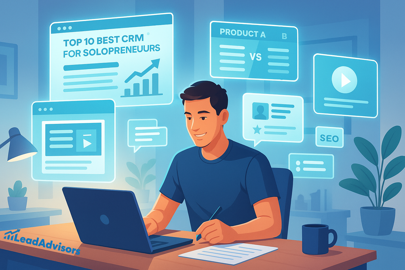 An animated professional sits at a desk with a laptop and pen, surrounded by digital content elements in a home office setting. Floating windows display headlines like “Top 10 Best CRM for Solopreneurs,” “Product A vs B,” video players, star ratings, chat bubbles, and an “SEO” tag. The environment represents content marketing, product comparison writing, and affiliate SEO work. The scene is branded with the LeadAdvisors logo, suggesting strategic content creation in the digital marketing or solopreneur space.