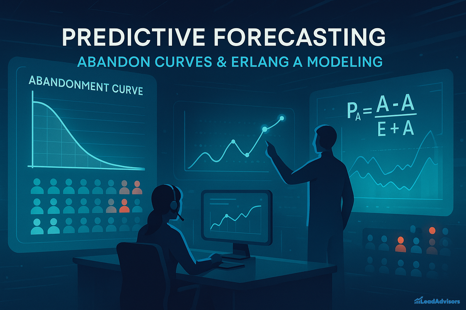 Futuristic illustration showing predictive forecasting for call abandonment, with abandon curves, Erlang A modeling formulas, data charts, and a team analyzing customer service metrics, branded by LeadAdvisors
