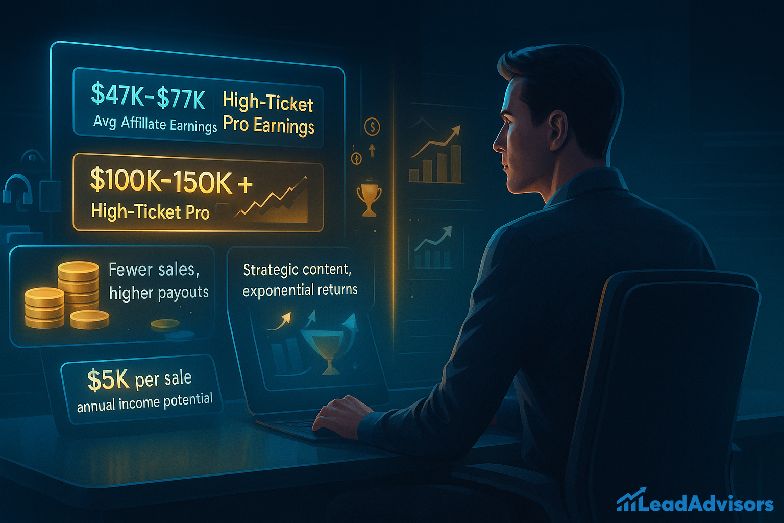A focused man in a dark blue shirt sits at a desk working on a laptop, surrounded by glowing data panels. The panels display statistics about high-ticket affiliate marketing, including "$47K–$77K Avg Affiliate Earnings," "$100K–150K+ High-Ticket Pro," "$5K per sale annual income potential," "Fewer sales, higher payouts," and "Strategic content, exponential returns." Graphs, coins, and trophy icons emphasize growth and success. The image conveys professionalism and high-income potential from strategic marketing.