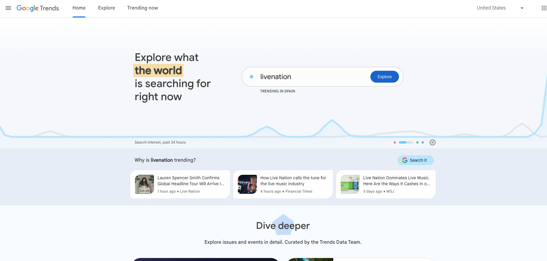 Screenshot of Google Trends showing the search term “livenation” trending in Spain. The interface highlights a 24-hour interest graph with a sharp spike, indicating a recent surge in searches. Below the graph, three related news stories explain the trend: Lauren Spencer Smith’s global tour announcement, a Financial Times article on Live Nation's influence in the live music industry, and a WSJ piece on the company’s market dominance and monetization strategies.
