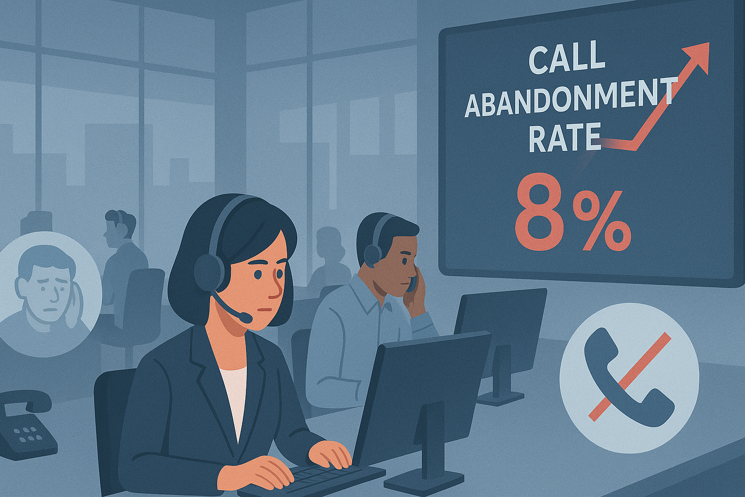 Call center agents at work with a highlighted 8% call abandonment rate and signs of customer frustration.