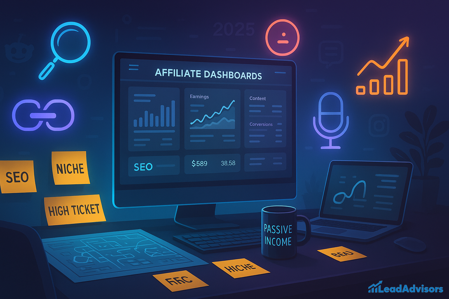 A digital workspace scene showcasing the concept of high-ticket affiliate marketing and passive income in 2025. The main monitor displays an “Affiliate Dashboards” interface with metrics like earnings, conversions, SEO performance, and content analytics. Sticky notes on the desk read “SEO,” “NICHE,” “HIGH TICKET,” “FTC,” and “LEAD.” A coffee mug labeled “PASSIVE INCOME” sits beside a keyboard, while a second laptop shows a growth chart. Neon icons of a magnifying glass, podcast mic, upward arrow, and link symbol float in the background, emphasizing growth, visibility, and content creation