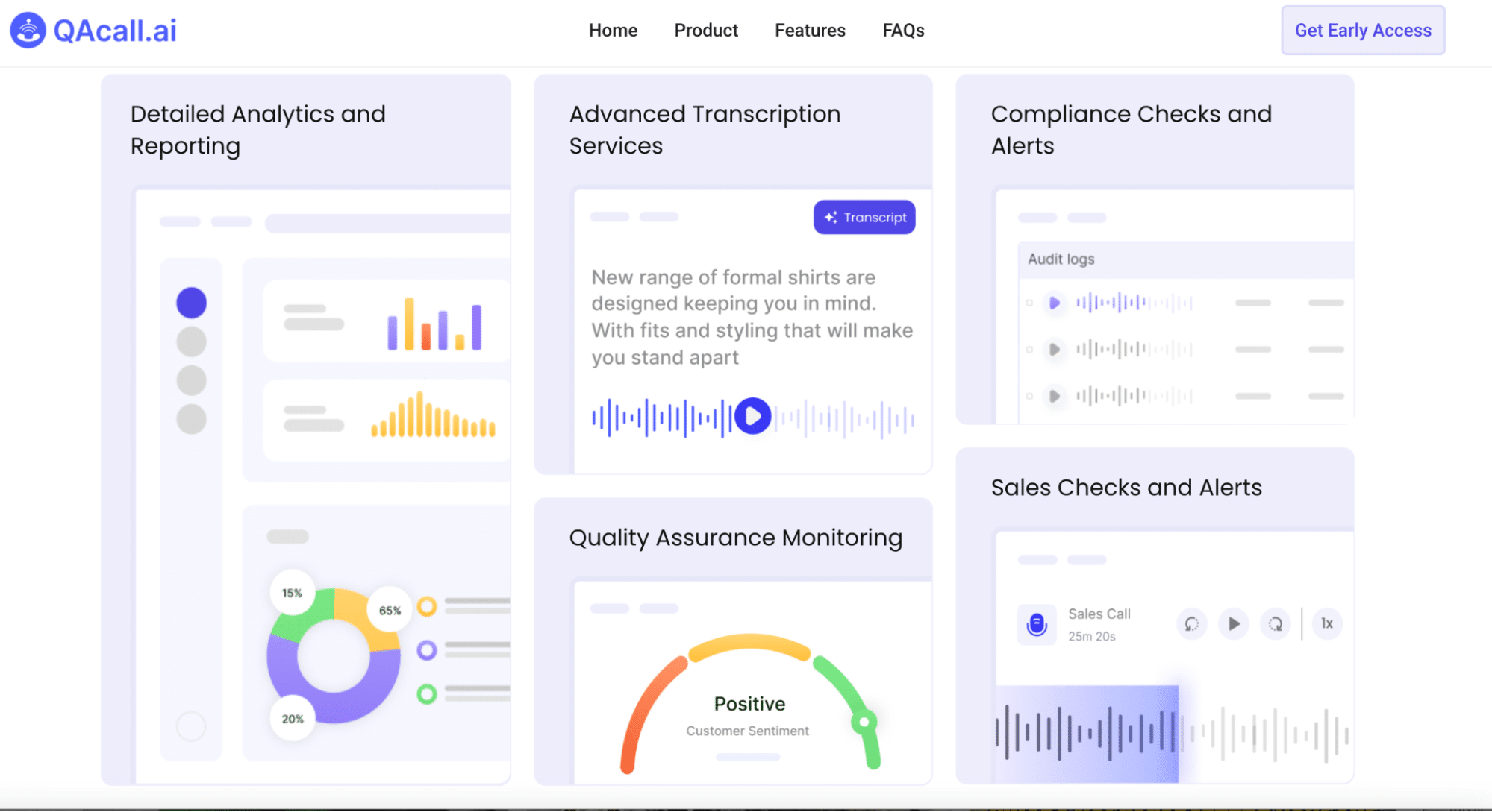 Dashboard features of QAcall.ai showing analytics, transcription, compliance checks, quality monitoring, and sales alerts.